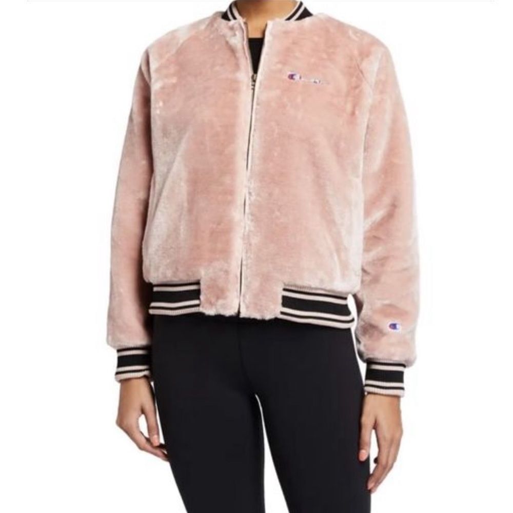 Champion Reverse Weave Plush Faux Fur Bomber Jacket Coat Pink Small
